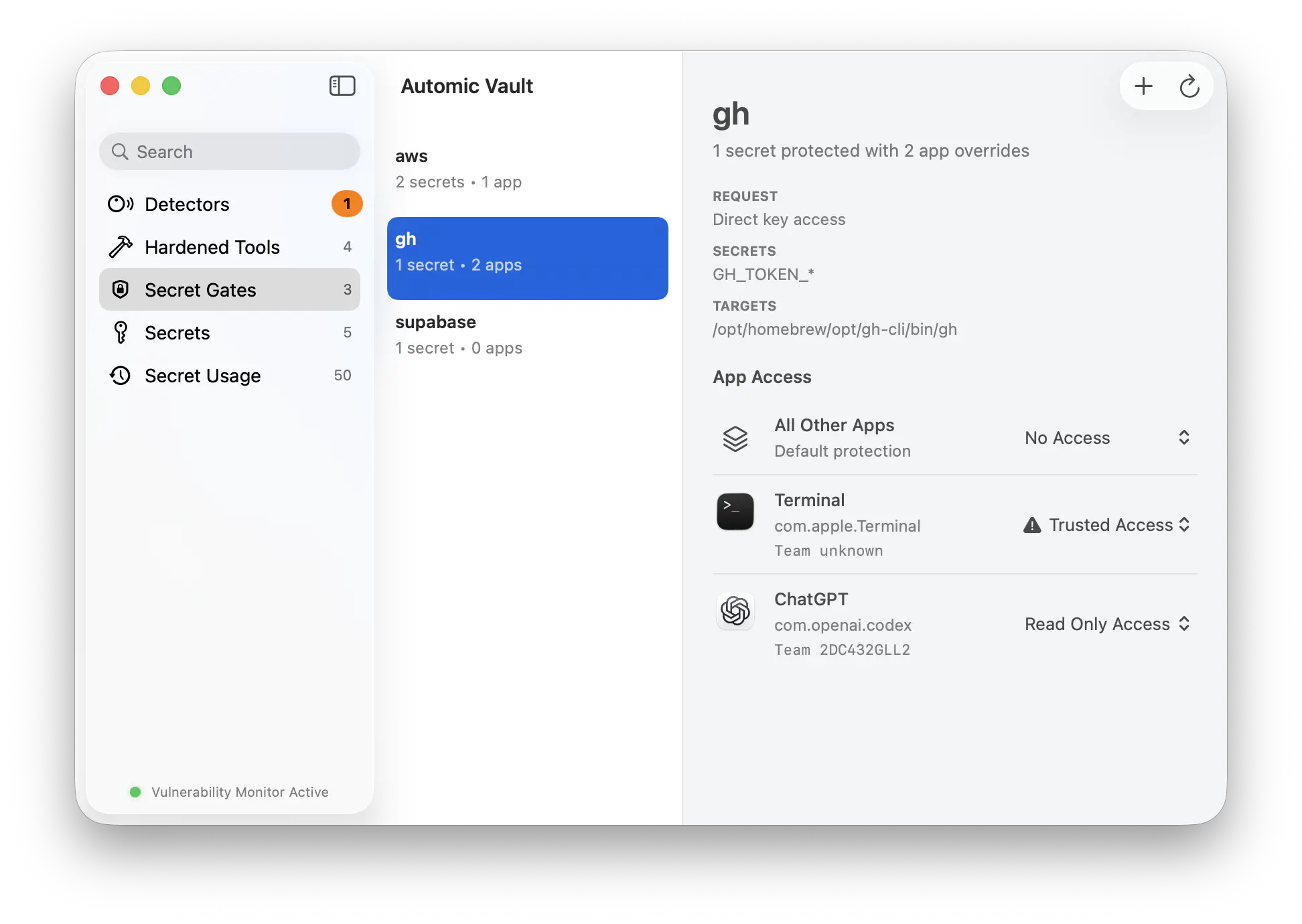 An Automic Vault policy granting Terminal access while other launchers remain gated